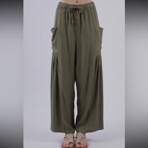 OLIVE  Linen Blend Comfy BOHO Wide Leg Pants   brand new